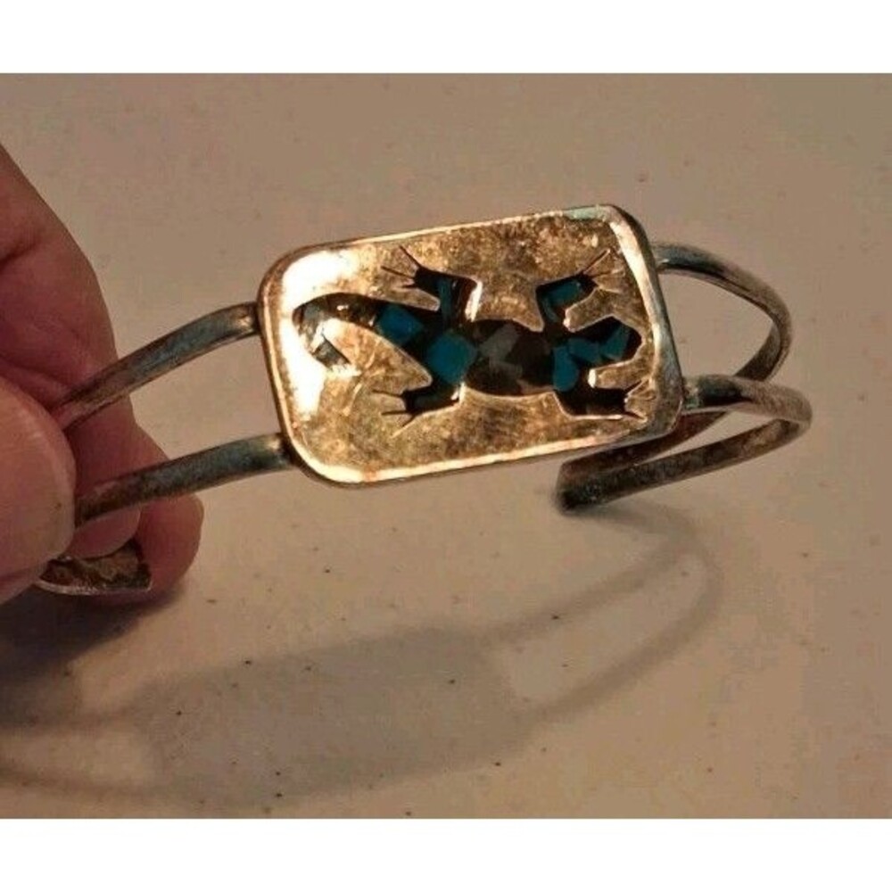 Vtg Artisan Crushed Turquoise Southwestern Mosaic Gecko Bracelet Cuff